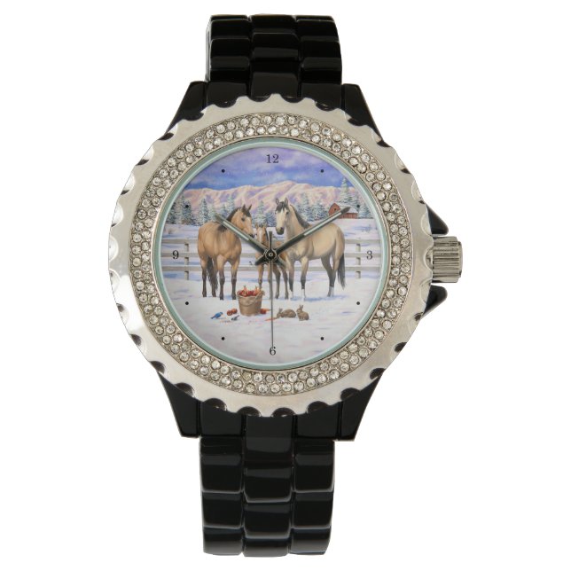 Buckskin Quarter Horses i Snö Armbandsur (Framsida)