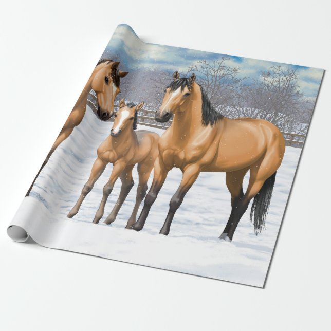 Buckskin Quarter Horses i Snö Presentpapper (Utrullad)