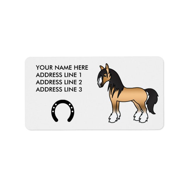 Buckskin Tecknad Gypsy Vanner Shirehäst Adressetikett (Framsidan)