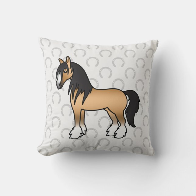 Buckskin Tecknad Gypsy Vanner Shirehäst Kudde (Framsida)