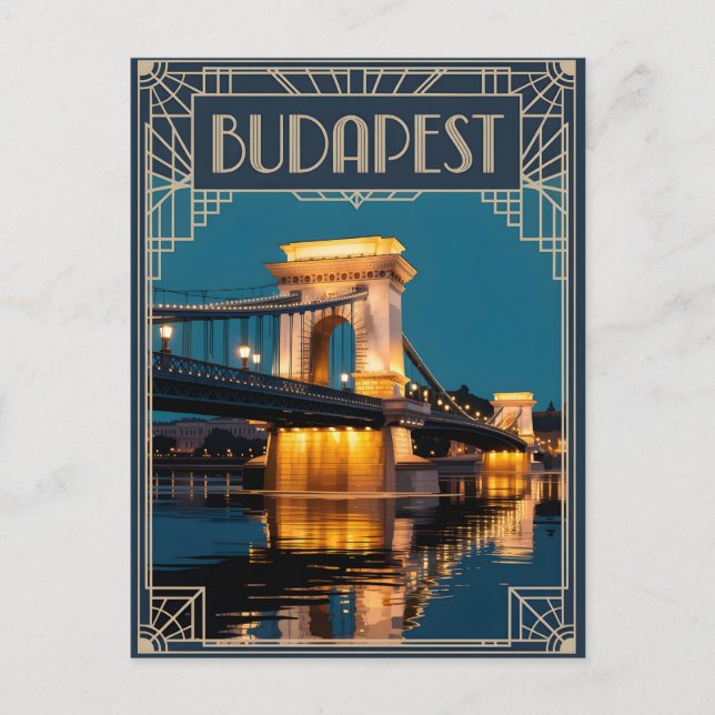 Budapest chain Bridge Art deco Vykort (Framsida)