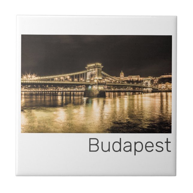 Budapest chain Bridge Hungary Retro Nattkväll Vint Kakelplatta (Framsidan)