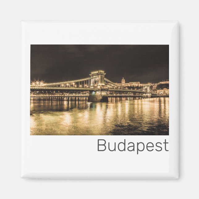 Budapest chain Bridge Hungary Retro Nattkväll Vint Magnet (Framsidan)
