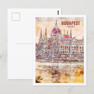 Budapest Hungary Berömd Travel Watercolor Sketch Vykort