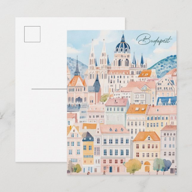 Budapest Hungary Gouache Paint Illustration Travel Vykort (Fram/baksida)