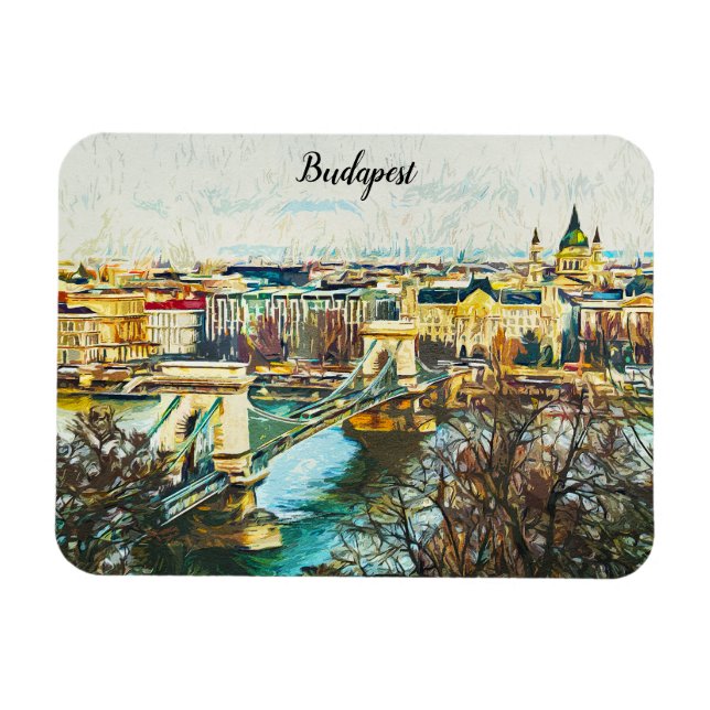 Budapest Hungary Oil Paint Panorama View Magnet (Horisontell)