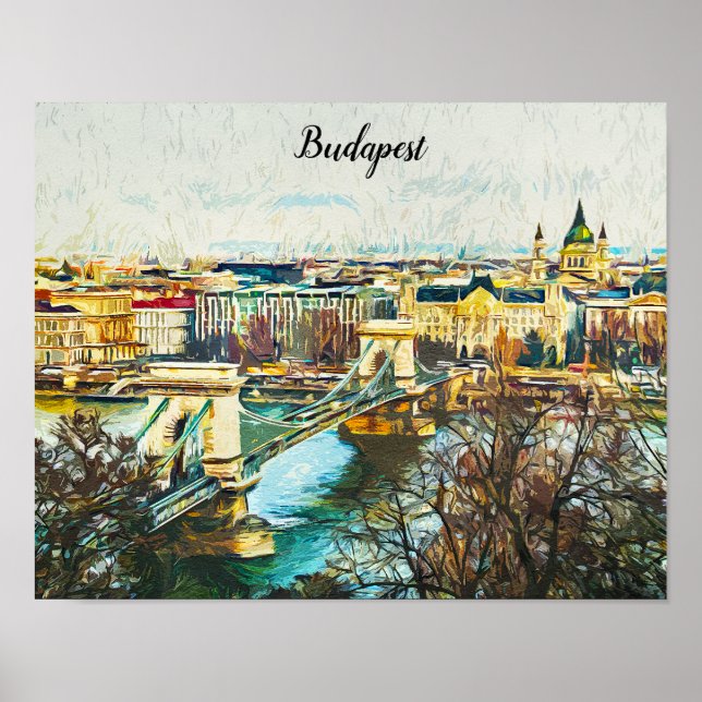 Budapest Hungary Oil Paint Panorama View Poster (Framsidan)