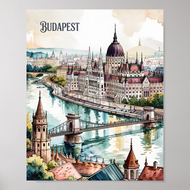 Budapest Hungary Parliament Danube River Skyline Poster (Framsidan)