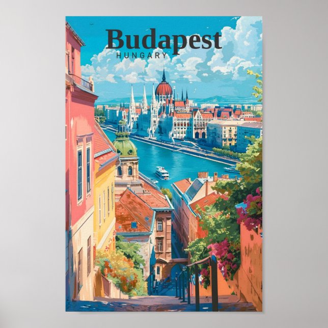 Budapest Hungary Travel Art Vintage Poster (Framsidan)