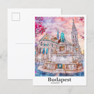 Budapest Hungary Travel Watercolor Hand plockade Vykort
