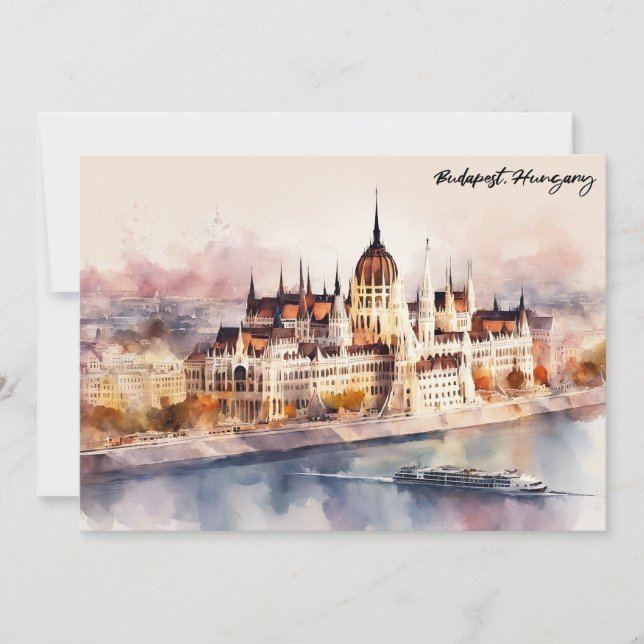Budapest Hungary Watercolor Painting Panorama View Kort (Framsida)