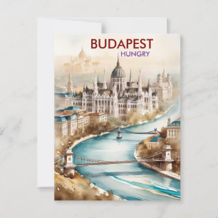 Budapest Skyline Travel Art - Ungern Cityscape Vykort