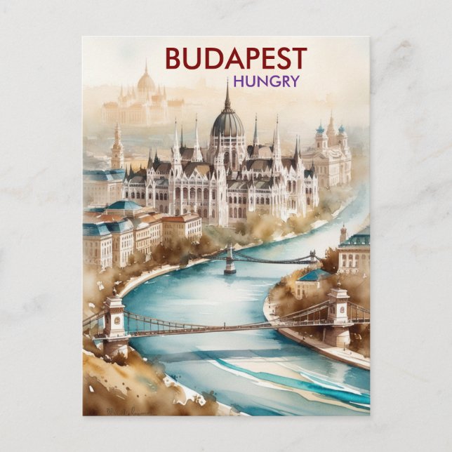 Budapest Skyline Travel Art - Ungern Cityscape Vykort (Framsida)