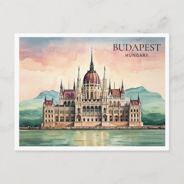Budapest Ungern Akvarell vykort Donauvy (Framsida)