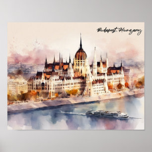 Budapest Ungern Akvarellmålning Panoramautsikt Poster