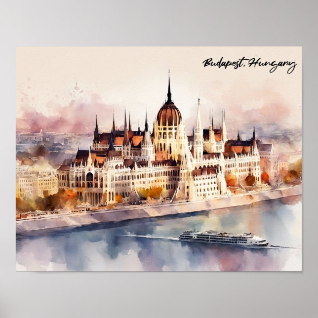 Budapest Ungern Akvarellmålning Panoramautsikt Poster (Framsidan)