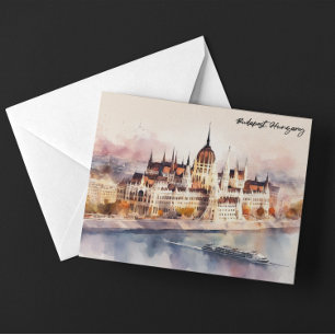 Budapest Ungern Akvarellmålning Panoramautsikt Vykort