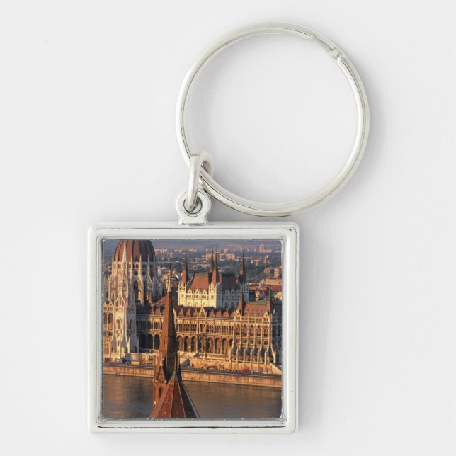 Budapest, Ungern, Donau, Parlamentet Fyrkantig Silverfärgad Nyckelring (Framsidan)