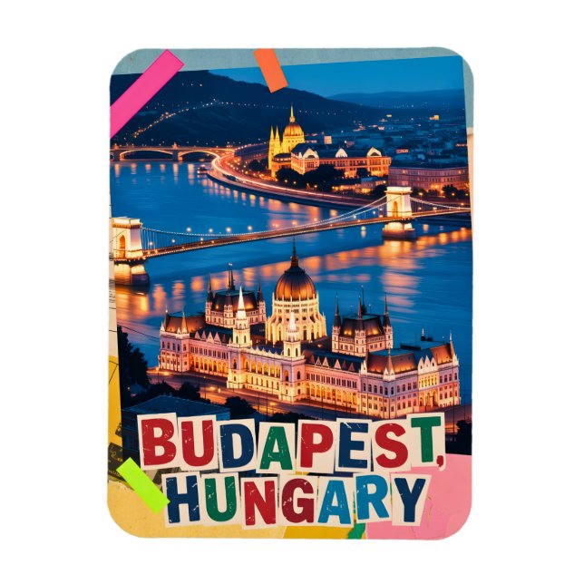 Budapest Ungern Natt Stadspanorama Pop Art Collage Magnet (Vertikal)