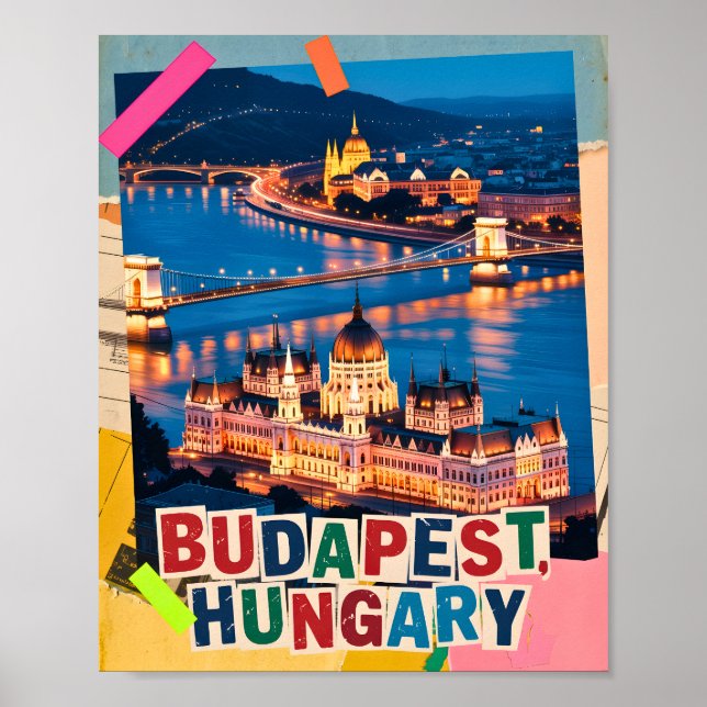 Budapest Ungern Natt Stadspanorama Pop Art Collage Poster (Framsidan)