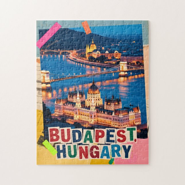 Budapest Ungern Natt Stadspanorama Pop Art Collage Pussel (Vertikal)