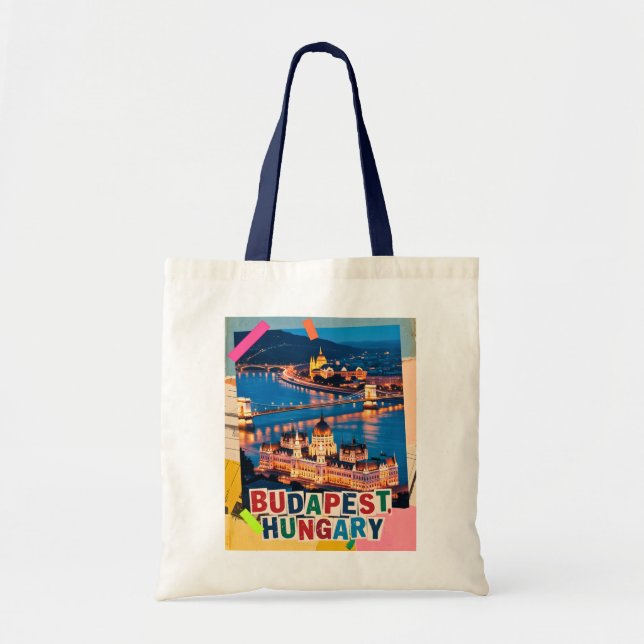 Budapest Ungern Natt Stadspanorama Pop Art Collage Tygkasse (Framsidan)