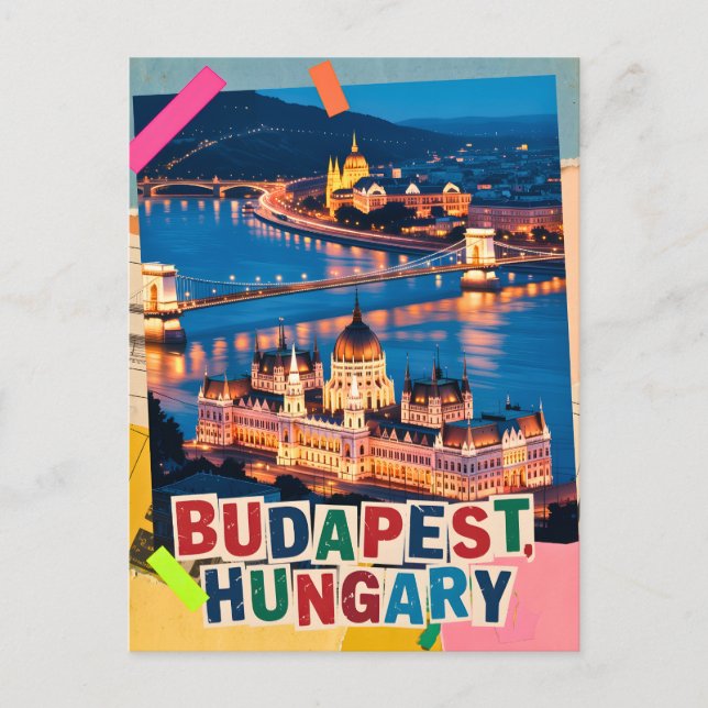 Budapest Ungern Natt Stadspanorama Pop Art Collage Vykort (Framsida)