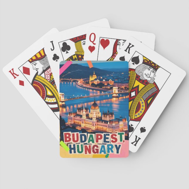 Budapest Ungern Natt Stadssiluett Pop Art Collage Casinokort (Baksidan)