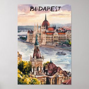 Budapest Ungern Vintage akvarellmålning Poster