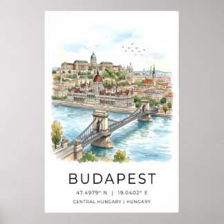 Budapest Väggkonsttryck Akvarell Stadsscen Poster