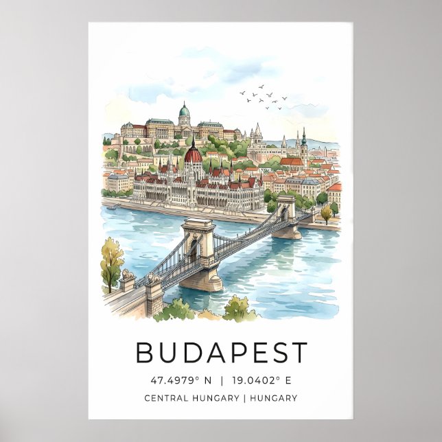 Budapest Väggkonsttryck Akvarell Stadsscen Poster (Framsidan)