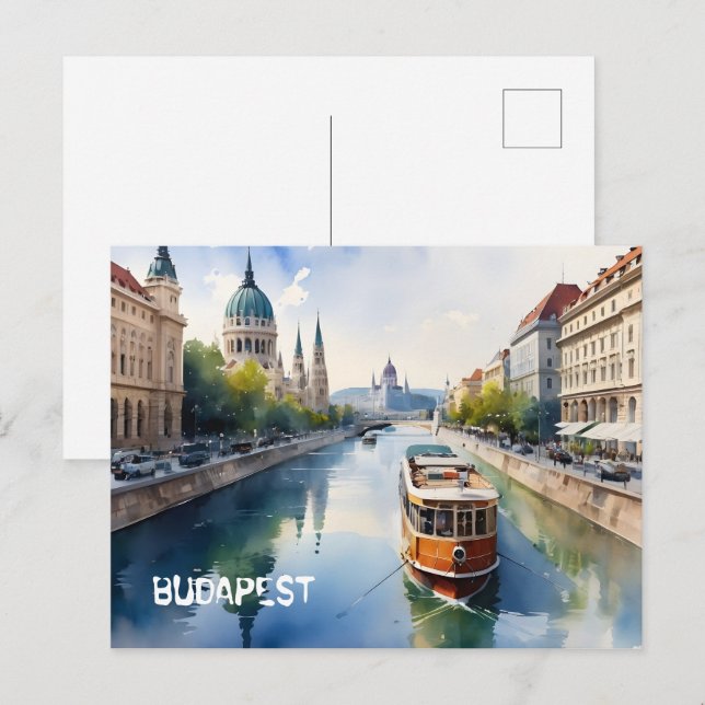 Budapest vattenfärgsart vykort (Fram/baksida)