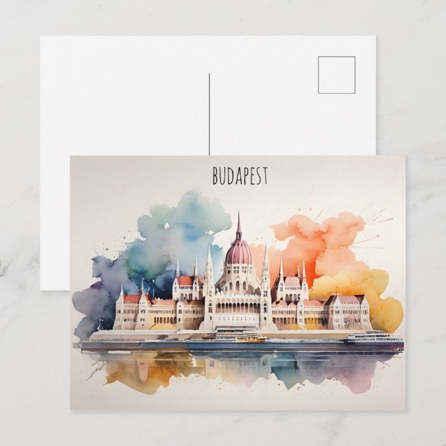 Budapest vattenfärgsart vykort (Fram/baksida)