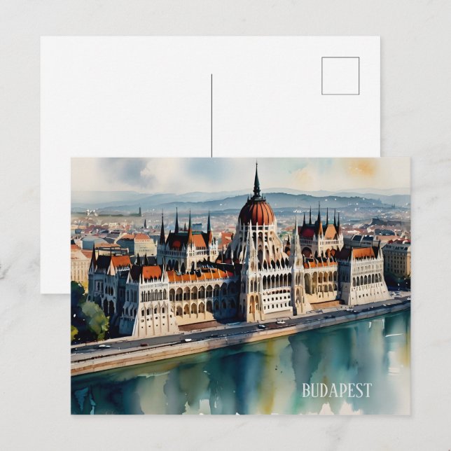 Budapest vattenfärgsart vykort (Fram/baksida)