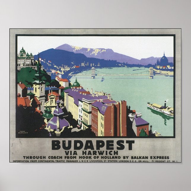Budapest Via Harwich Vintage resor Poster (Framsidan)