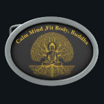 Buddha Beneath Helig Träd<br><div class="desc">En serene golden Buddha figur ligger kor under ett svårhanterligt designat träd med snurrande grenar.</div>