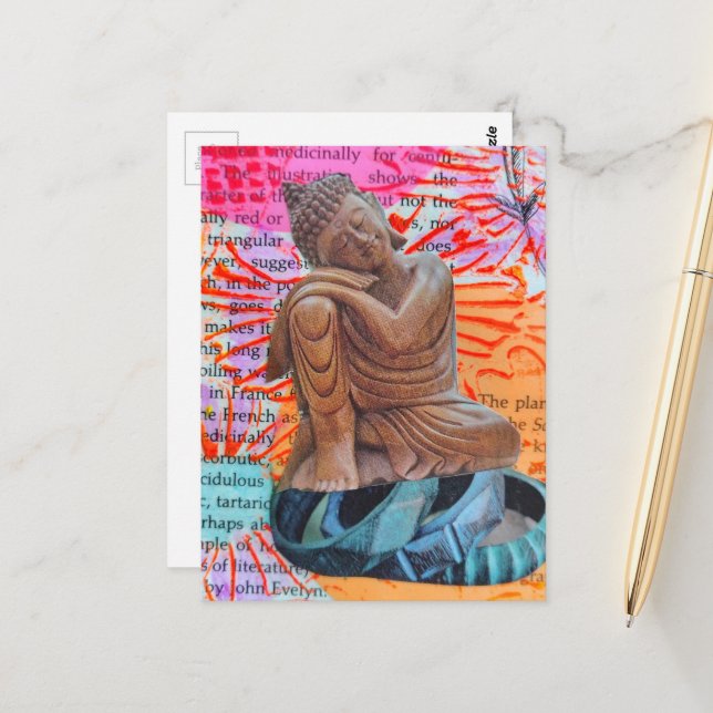 Buddha Fredlig Mixed Media Collage Vykort (Fram/Back In Situ)