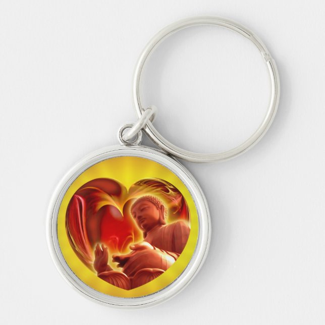 BUDDHA Heart | gult shink Rund Silverfärgad Nyckelring (Framsidan)