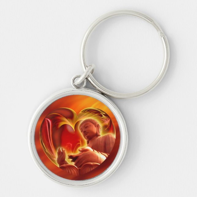 BUDDHA Hjärtat | eldröd Rund Silverfärgad Nyckelring (Framsidan)