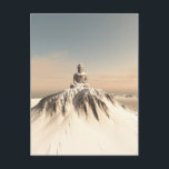 Buddha i bergsområdet snö vykort<br><div class="desc">Illustration av en stor Buddhastaty ovanpå en ensam bergstoppspunkt i snö</div>