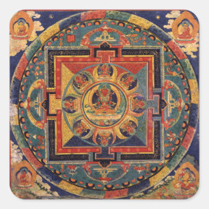 Buddha Mandala Antique Reproduction Thanka Fyrkantigt Klistermärke