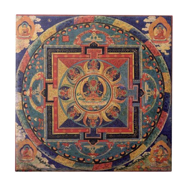 Buddha Mandala Antique Tibetan Thanka Tile Kakelplatta (Framsidan)