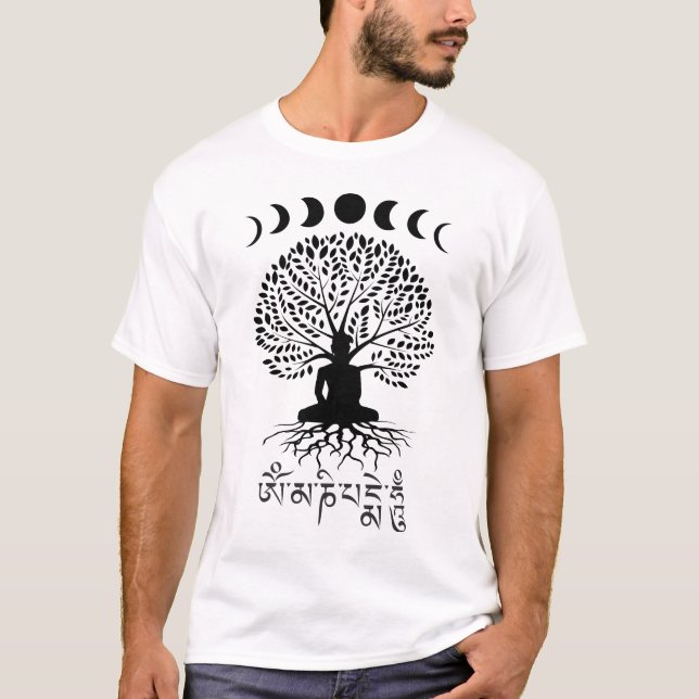 Buddha Måne Phases Livets träd Om Mani Padme Hum T Shirt (Framsida)