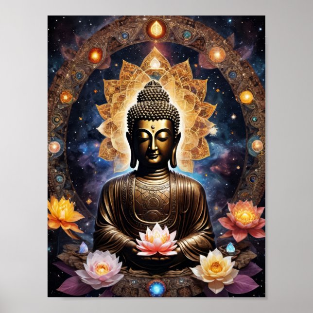 Buddha mediterar med lotusblommor poster (Framsidan)