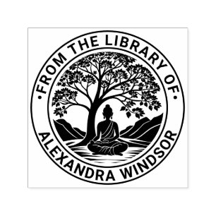 Buddha Mediterar Under Träd Biblioteksboknamn Självfärgande Stämpel