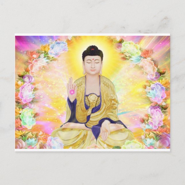 Buddha omgav vid blommor vykort (Framsida)