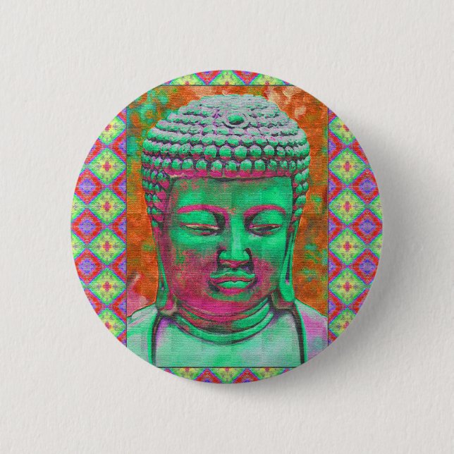Buddha Pop med Patchwork Gräns i Grönt och Red Knapp (Framsida)