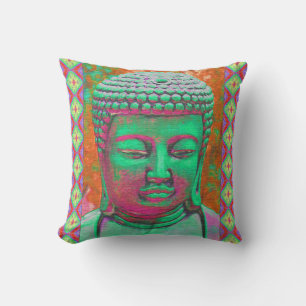 Buddha Pop med Patchwork Gräns i Grönt och Red Kudde