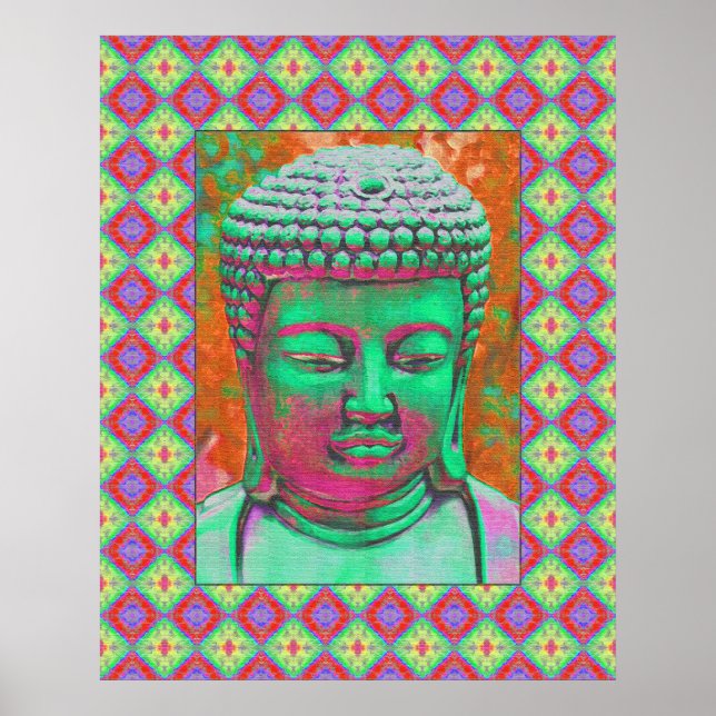 Buddha Pop med Patchwork Gräns i Grönt och Red Poster (Framsidan)