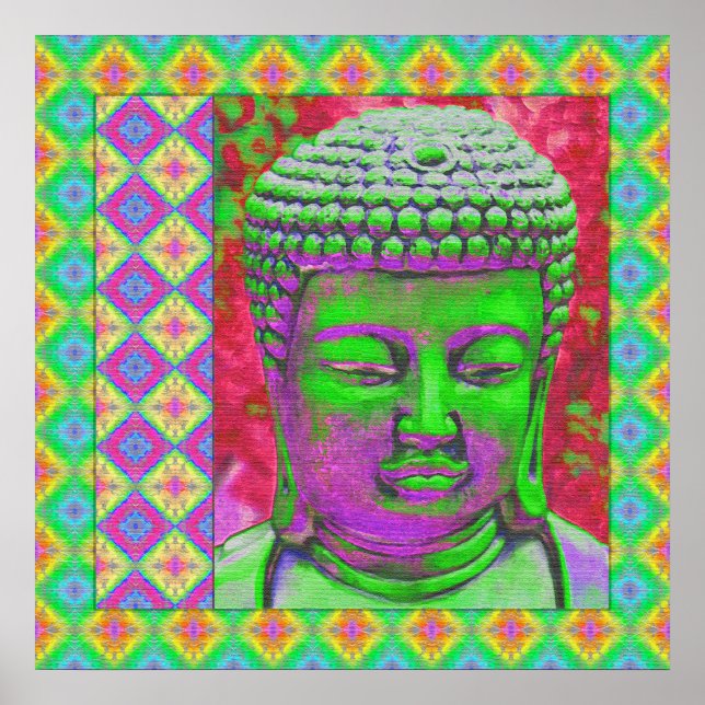 Buddha Pop med Patchwork Gräns i Grönt och Red Poster (Framsidan)